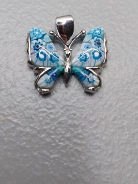 Alan K Blue Millefiori Glass Butterfly Pendant Necklace
